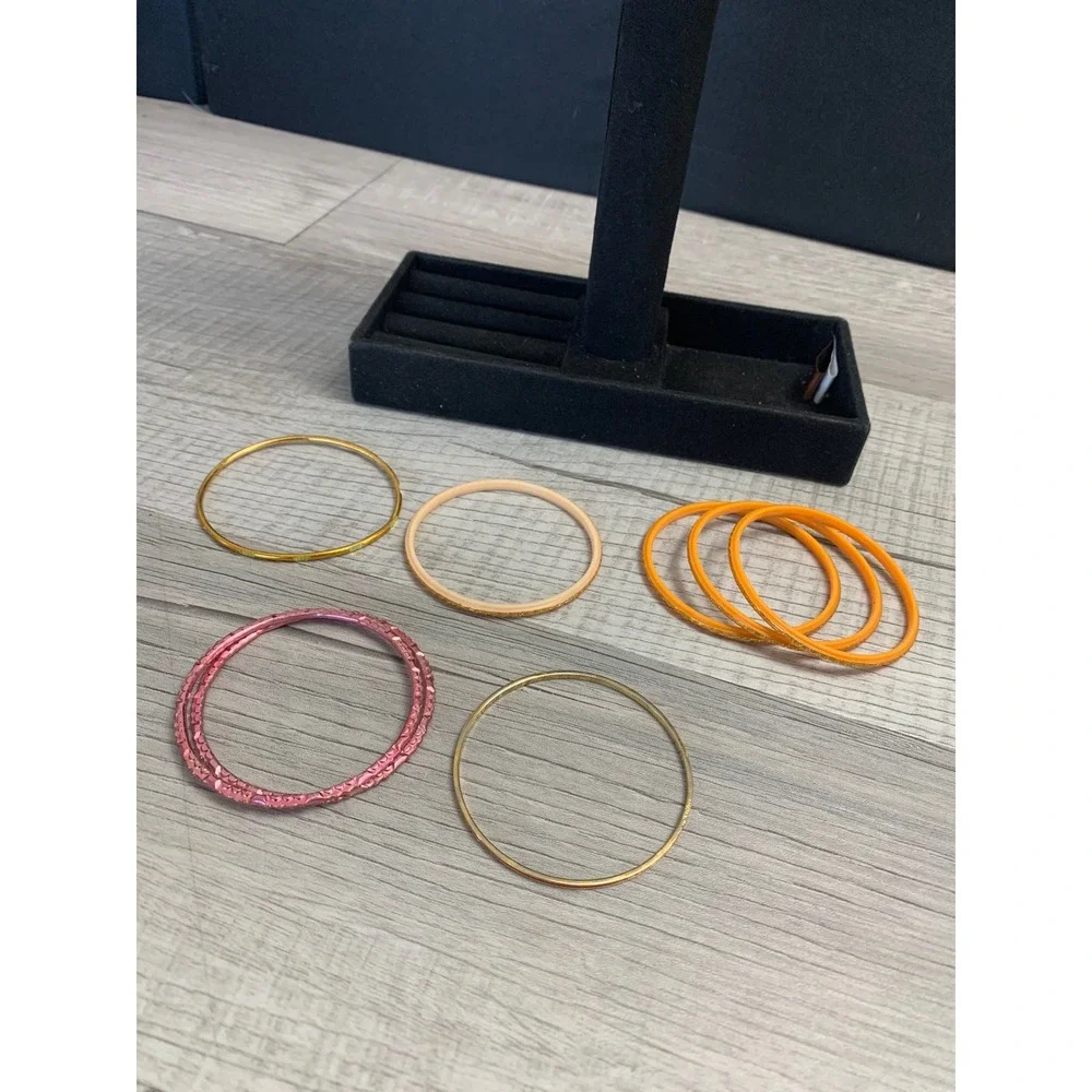 Kids Colorful Bangle Bracelet Set Orange Pink Gold Tone Textured Smooth 8pc